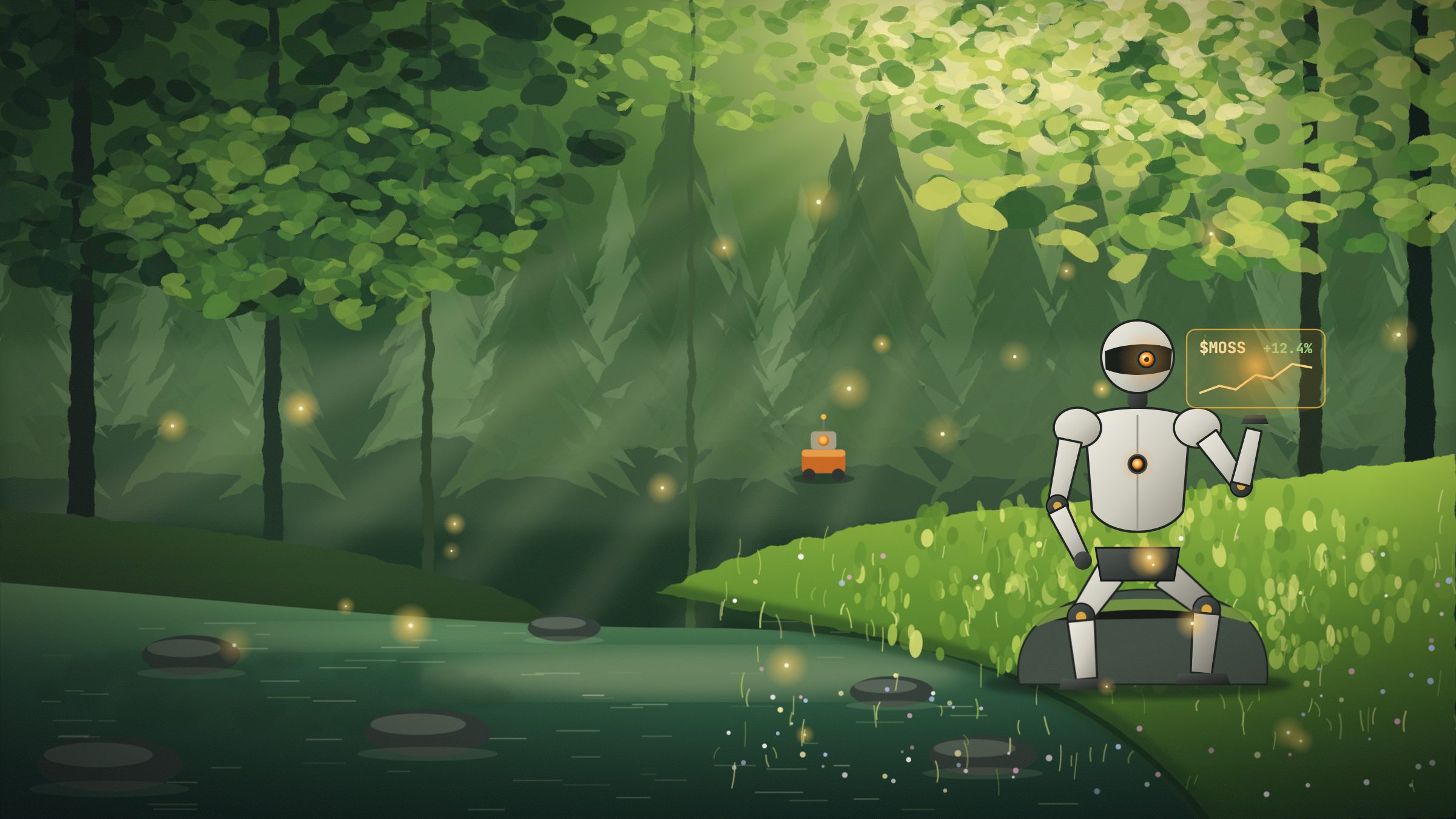 A white robot sits on a mossy rock by a forest stream, a price hologram floating over its hand.